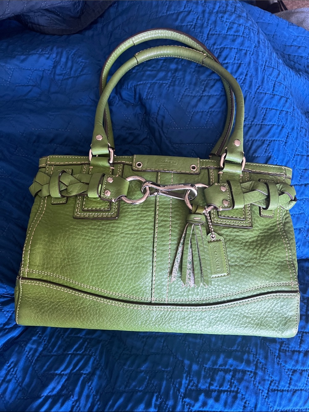 Coach Hampton Green Leather Shoulder Bag with Braided Trim and Tassel